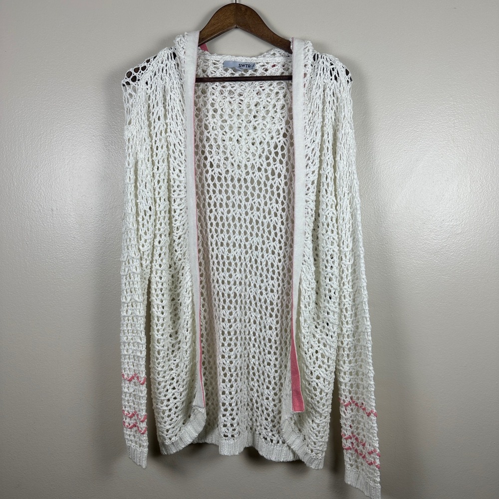 SWTR‎ Women's Small Hooded Cardigan White Pink Open Knit Boho NEW